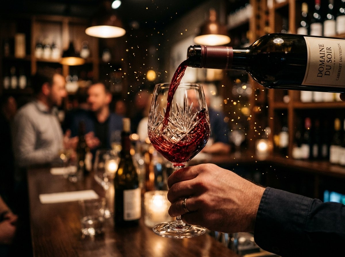 Fine red wine pouring into a crystal glass